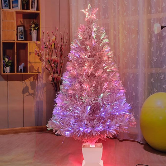 3ft Pink Fiber Optic Christmas Tree,Pre-Lit Artificial Mini Christmas Tree, Tabletop Small Xmas Tree with Stars Holiday Home Decorations