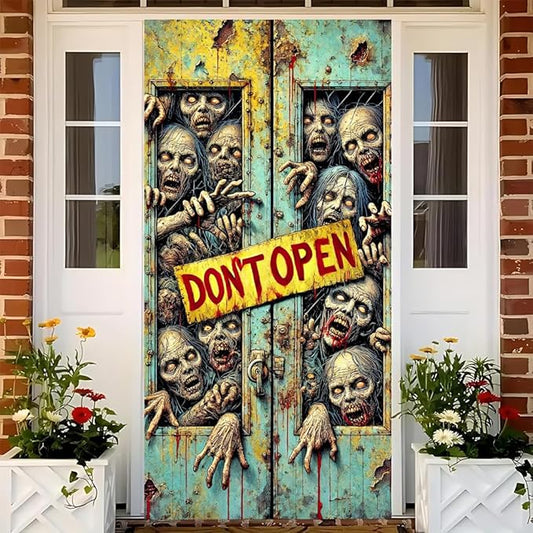2D flat Zombie Don't Open Halloween Door Decorations Scary Door Banner Indoor Outdoor Horror Door Cover for Haunted House 71x35 Inch
