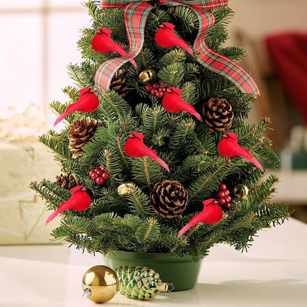 JOICEE 12 Pcs Cardinal Red Birds for Crafts, Mini Cardinal Artificial Tiny Red Birds Ornaments with Clip on Christmas Tree Decorations for Xmas Tree Wreath Yard Patio Home Decor