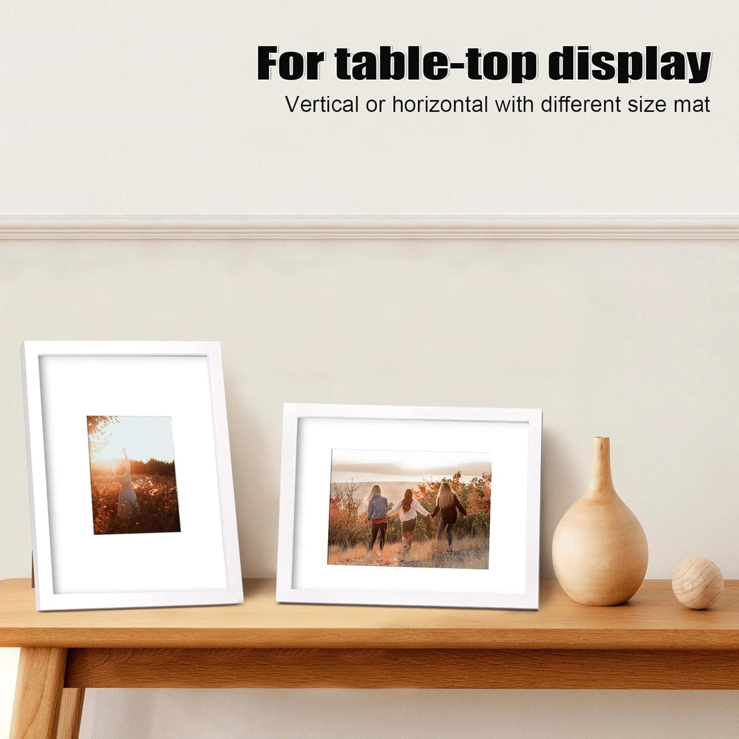 KINLINK 11x14 Picture Frame White, Solid Wood Frames with Acrylic Plexiglass for Pictures 5x7/8x10 with Mat or 11x14 without Mat, Tabletop and Wall Display, Set of 4