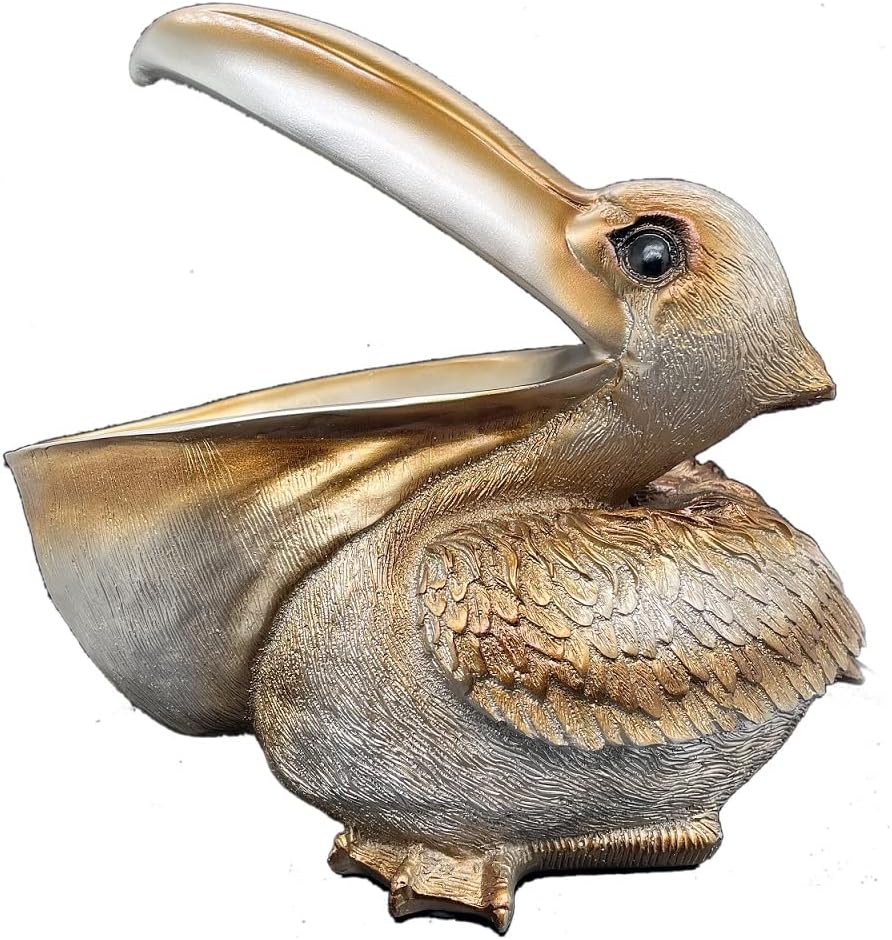 Creative Resin Statues The Pelican Statue Birds Figurines,Cell Phone and Keys Holder Adornments for Home & Office Desk Decor 8.1" inches (Silver)
