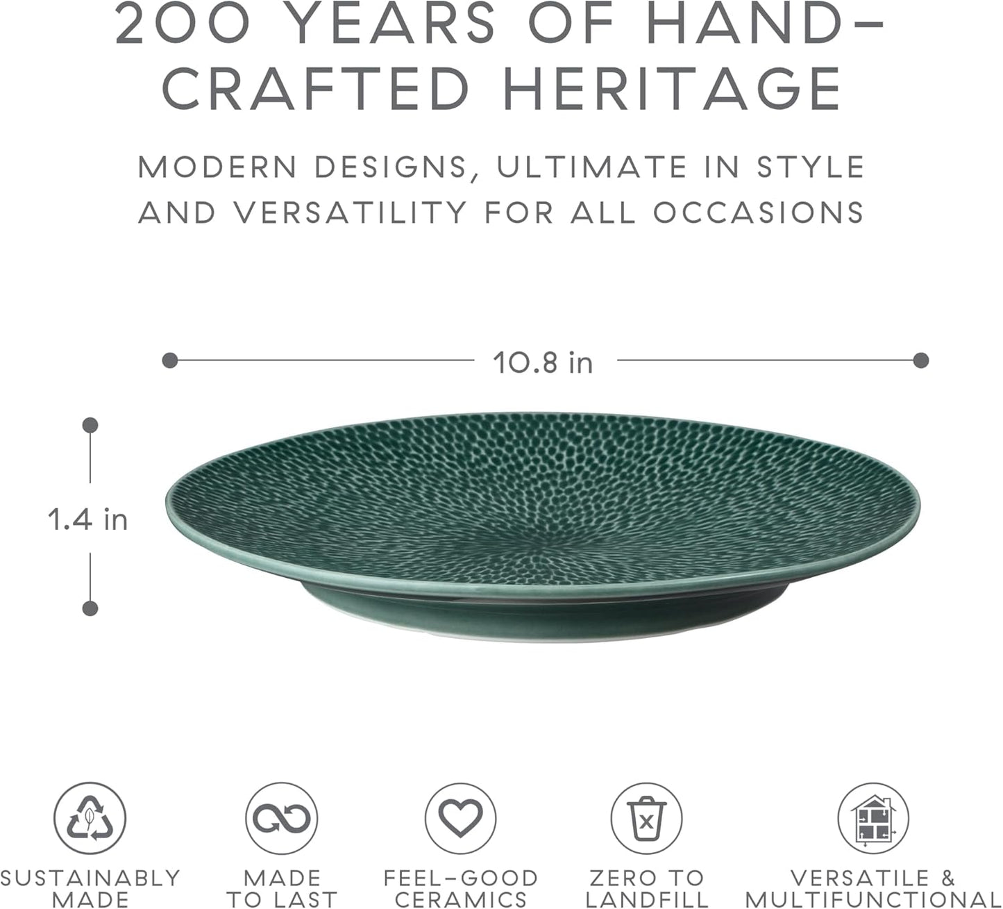 Denby - Carved Green Dinner Plates Set of 4-10.8 Inch - Dishwasher Microwave Oven Safe - Large Uniquely Textured Porcelain Dinner Plate - Scratch Chip Resistant