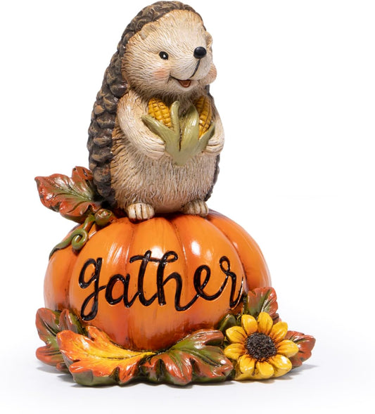 Hodao Harvest Hedgehog Pumpkin Figurine – Autumn Fall Decoration with Pine Cone, “Gather” Engraved Pumpkin – Thanksgiving Home Table Centerpiece Decor, Family Gathering Blessing Ornament (Orange-1)