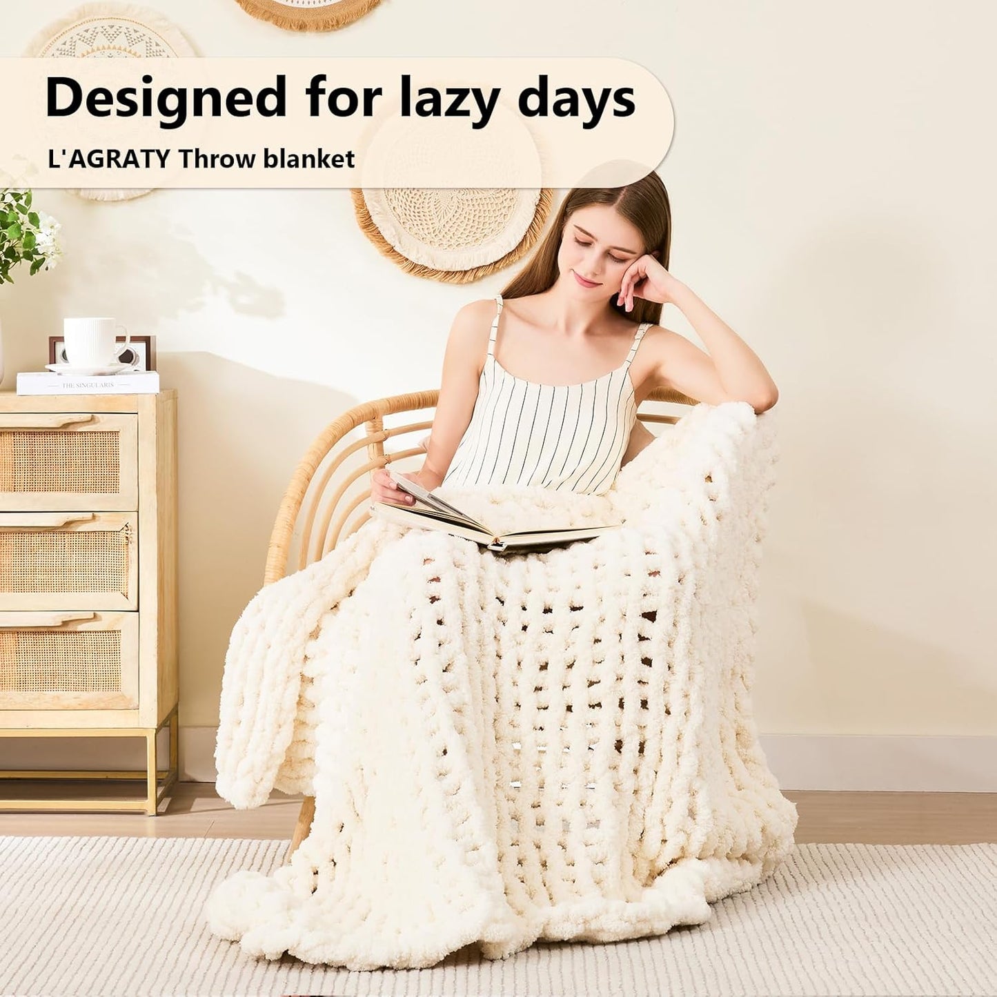 L'AGRATY Chunky Knit Blanket Throw - Soft Chenille Yarn Throw Blanket 40x50: Handmade Thick Cable Crochet Blankets - Large Blankets Chunky Yarn - Rope Knot Throw for Couch Sofa Bed Home Decor