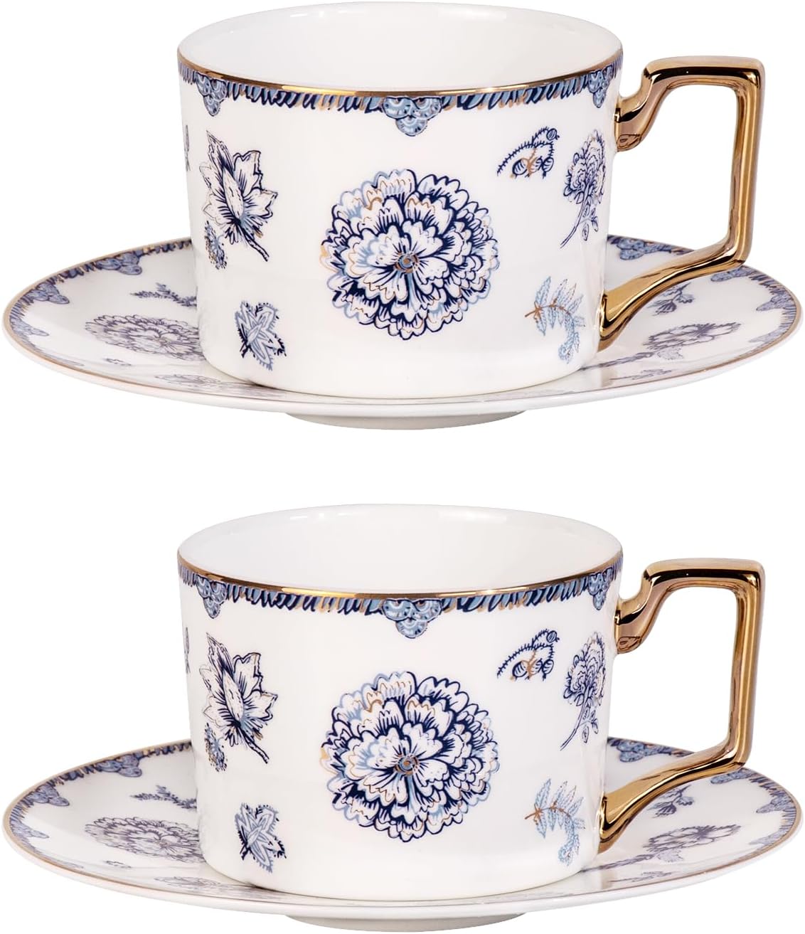 KAMMAK Tea Cups and Saucers Set of 2, Fine Bone China Coffee Cups, 8.5-Ounce Stackable Espresso Mugs, Ceramic Demitasse for Coffee, Cappuccino, Latte, Americano, Tea, English Navy