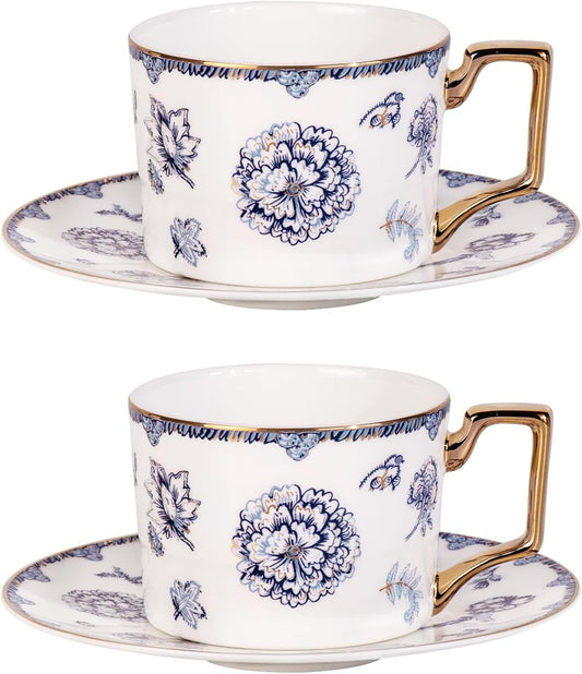 KAMMAK Tea Cups and Saucers Set of 2, Fine Bone China Coffee Cups, 8.5-Ounce Stackable Espresso Mugs, Ceramic Demitasse for Coffee, Cappuccino, Latte, Americano, Tea, English Navy