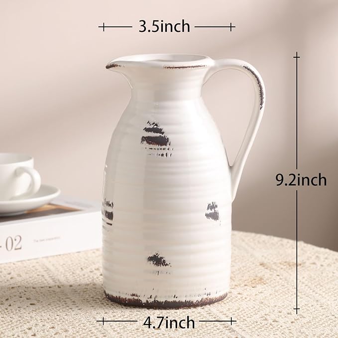 hjn Farmhouse Pitcher Vase for Flowers- Ceramic Pitcher Vase Decrative Pitchers for Your Kitchen/Home Decor/Office/Living Room/Bookshelf/Mantel/-White and Antique