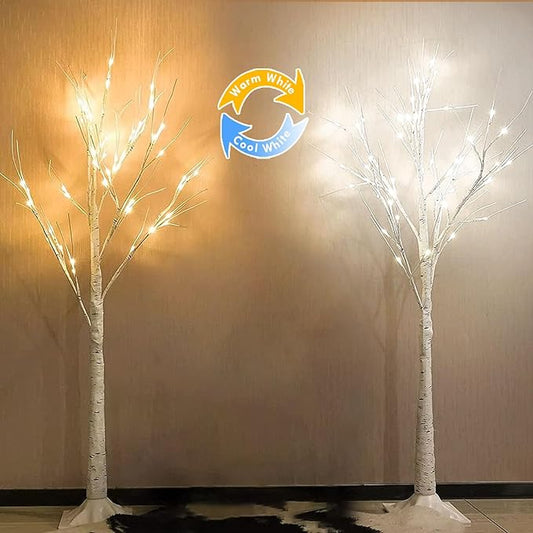2-Pack 4FT Lighted Birch Tree (Higher Size & Floor Standing), 96 LED Color Changing Birch Christmas Tree Lights for Outdoor Christmas Decorations Indoor (Warm White ⇋ Cool White)