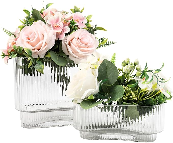 Short Glass Vases, Set of 2 Clear Glass Vases for Tulips, Ribbed Vase for Flowers, Modern Small Vase for Living Room, Dining Room, Bathroom, Desk, Shelf, Wedding, Office