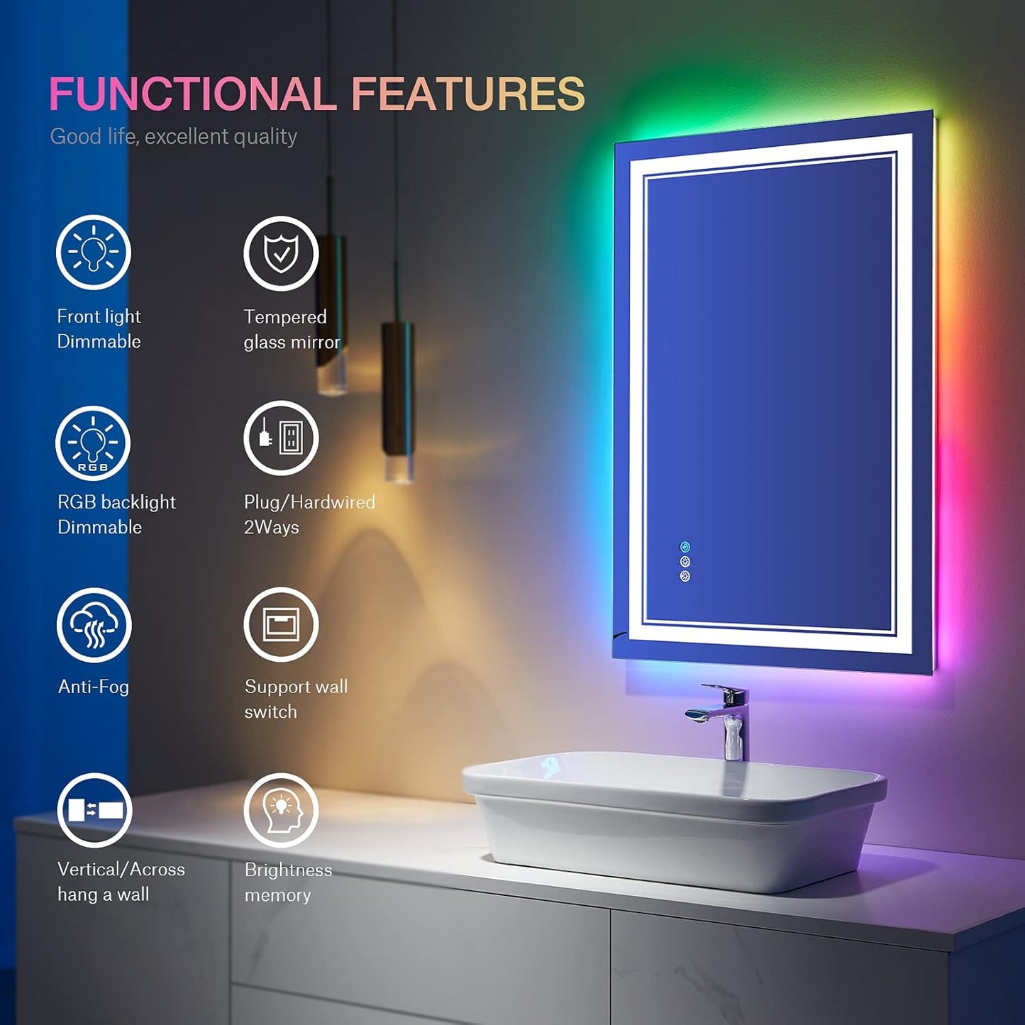 LED Bathroom Mirror, 20x28 inch, Wall Mount, Anti-Fog, RGB Backlit, Front-lit