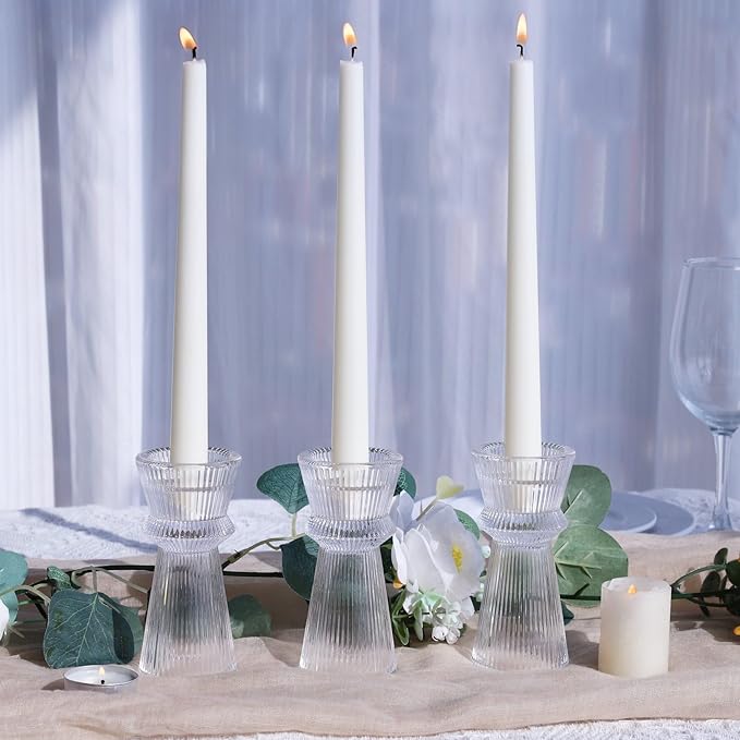 VOHO Clear Ribbed Taper Candle Holders Set of 3, Minimalist Style Glass Candle Holder for Candlesticks and Tealight Candles, Classy Candlestick Holders for Bridal Shower Wedding Decor/Birthday/Holiday