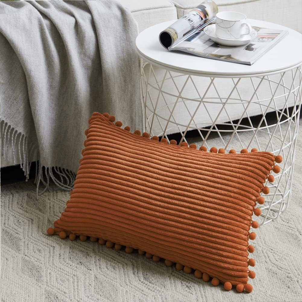 Fancy Homi 2 Pack Rust Lumbar Decorative Throw Pillow Covers 12x20 Inch with Pom-poms for Living Room Couch Bedroom, Soft Corduroy Solid Rectangle Cushion Case 30x50 cm, Rustic Farmhouse Home Decor