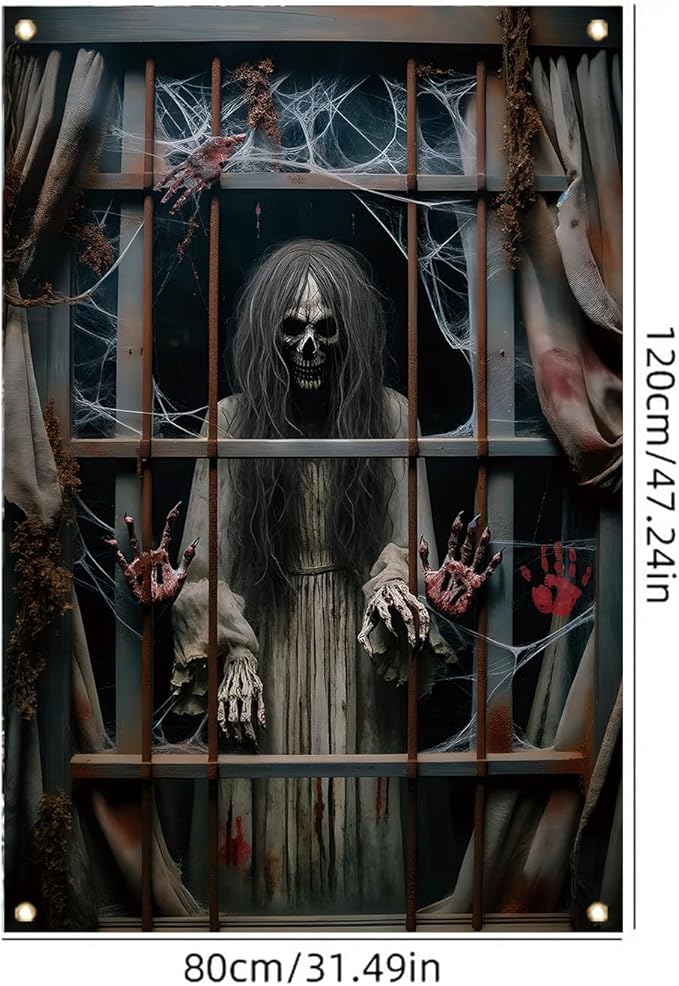 Window Cover Halloween 47x31 Inch Scary Skeleton Ghost Bloody Handprint Banner Creepy Window Decoration for Haunted House Indoor Outdoor Poster Porch Decor