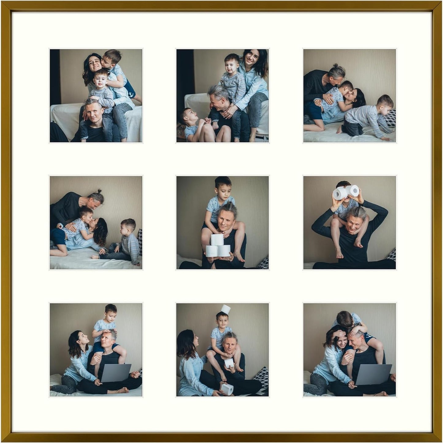 Frametory - 16x16 Aluminum Collage Picture Frame - Display 4x4 Pictures with 9 Openings Mat - Real Glass Front - Horizontal/Vertical Wall Mount - Bronze 1 Pack