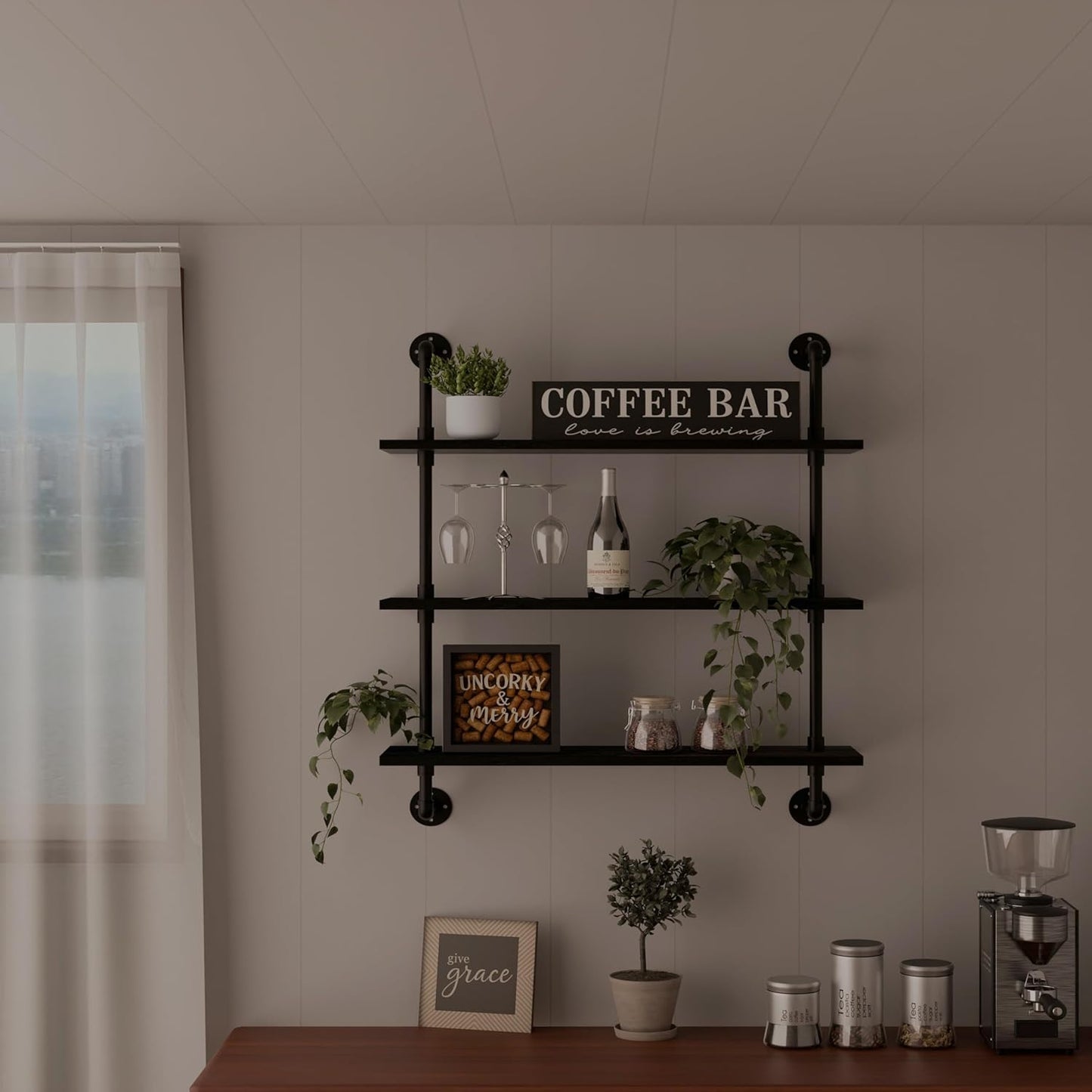 Industrial Pipe Shelf Shelving Bookcase, Wall Mounted Rustic Bookshelf, Floating Bookshelves for Wall,Retro Wood Metal Pipe Industrial Shelves for Living Room