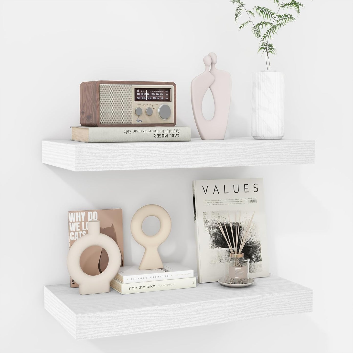 Fun Memories 16 Inch Floating Shelves - Deep Rustic White Wooden Wall Shelves - Extra Deeper & Thicker Wall Mounted Storage Shelf for Bedroom, Kitchen, Farmhouse - 2 Pack, Rustic White