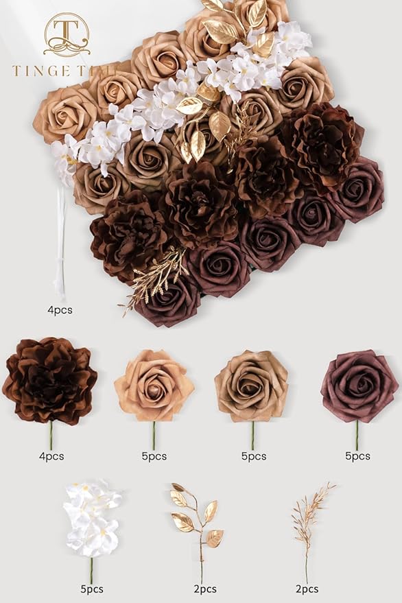 TINGE TIME Artificial Flowers Combo Set, Gradient Color Flower Leaf with Stems for DIY Wedding Bouquets Centerpieces Baby Shower Party Home Decorations (Mocha Brown)