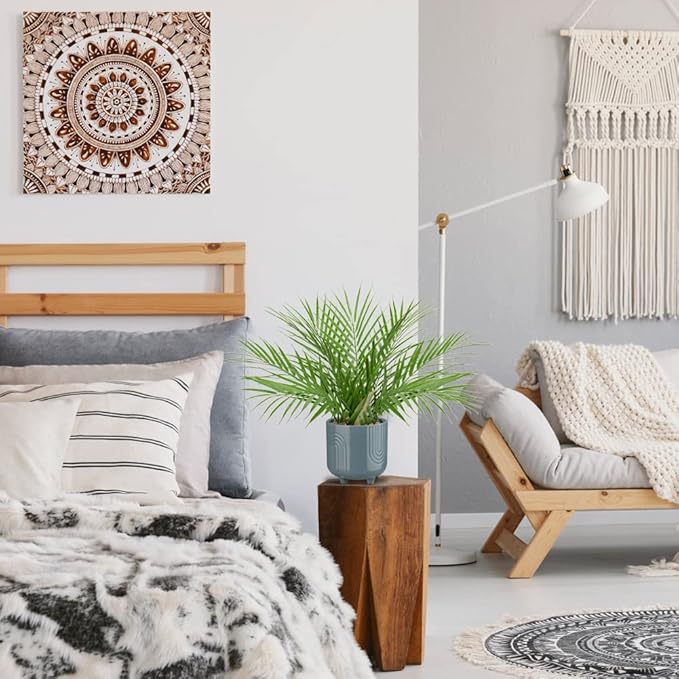 Hollyone Large Artificial Potted Plants Fake Palm Plants 16" Faux Green Plant Tropical Palm Tree in Blue Ceramic Pots for Home Room Office House Indoor Decoration