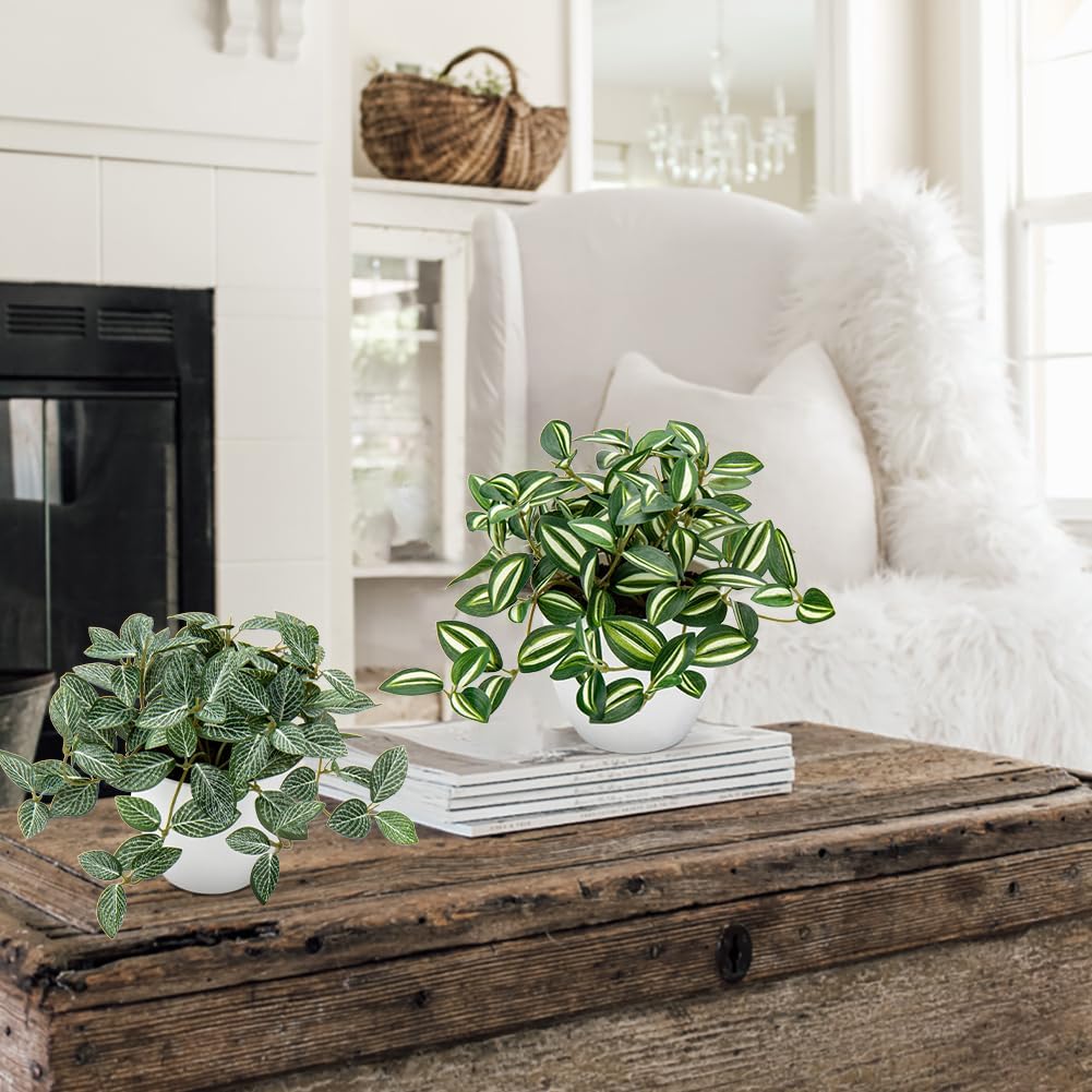 Hollyone Fake Plants 2 Packs Artificial Plants Indoor Faux Plants with White Plastic Pot Small Fake Potted Plant for Home Aesthetic Living Room Bathroom Desk Shelf Office Decor