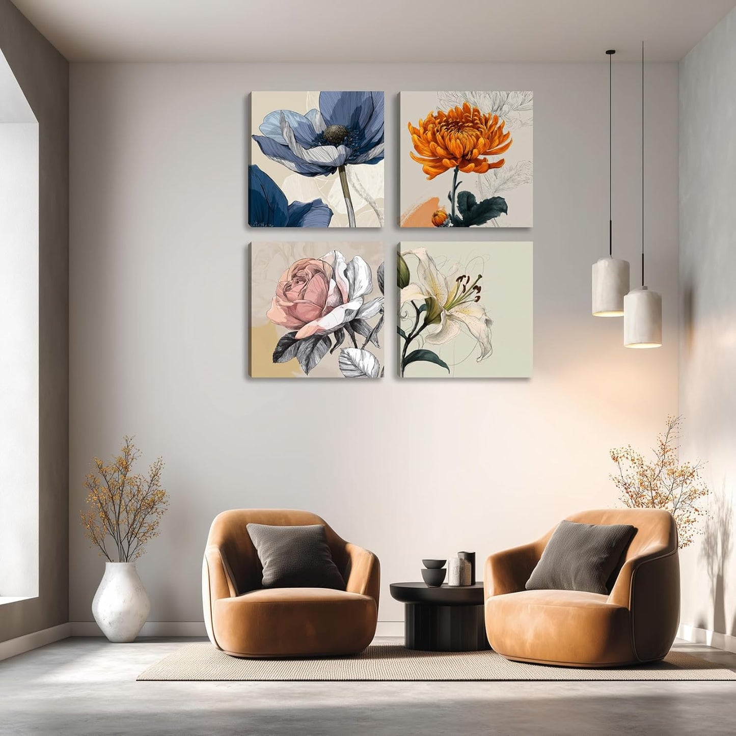 Framed Botanical Wall Art for Living Room Rustic Boho Floral Canvas Paintings Prints Flower Pictures for Farmhouse Hallway Bedroom Dining Room Bathroom Office Wall Decor ArtWork for Wall