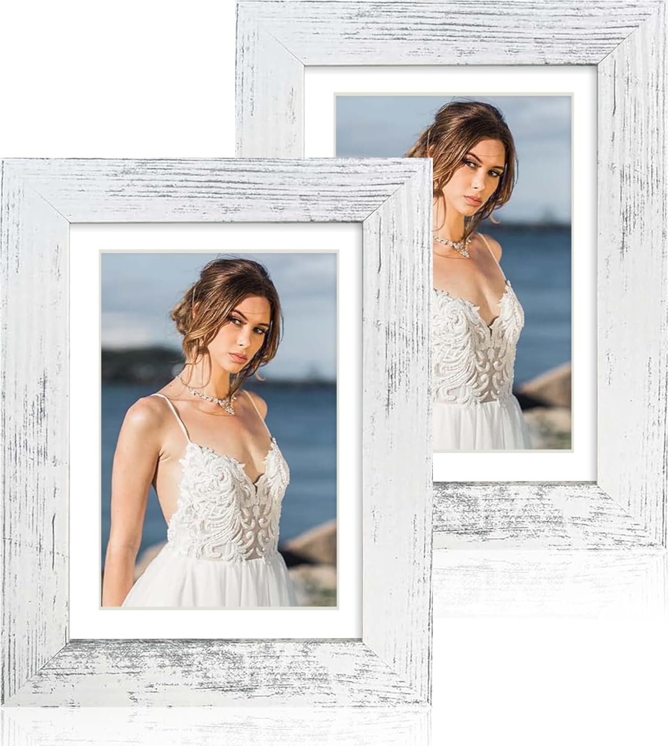 iRahmen 5x7 Picture Frame Set of 2, Distressed White Wood with Glass Photo Frame - Display Pictures 4x6 with Mat or 5 x 7 without Mat for Horizontal or Vertical Table top and Wall Mounting