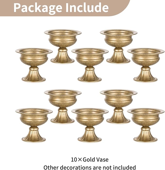 NUPTIO Distressed Gold Vases for Centerpieces: 10 Pcs Small Compote Vases for Flowers - Metal Pedestal Bowl Decor for Wedding Table Home