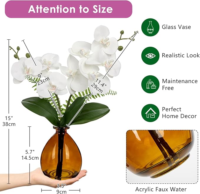 White Orchids Artificial Flowers, Faux Orchid in Glass Vase Real Touch Small Phalaenopsis Orchid Flowers Arrangements with Amber Vase Orchid Centerpiece for Dining Room Table
