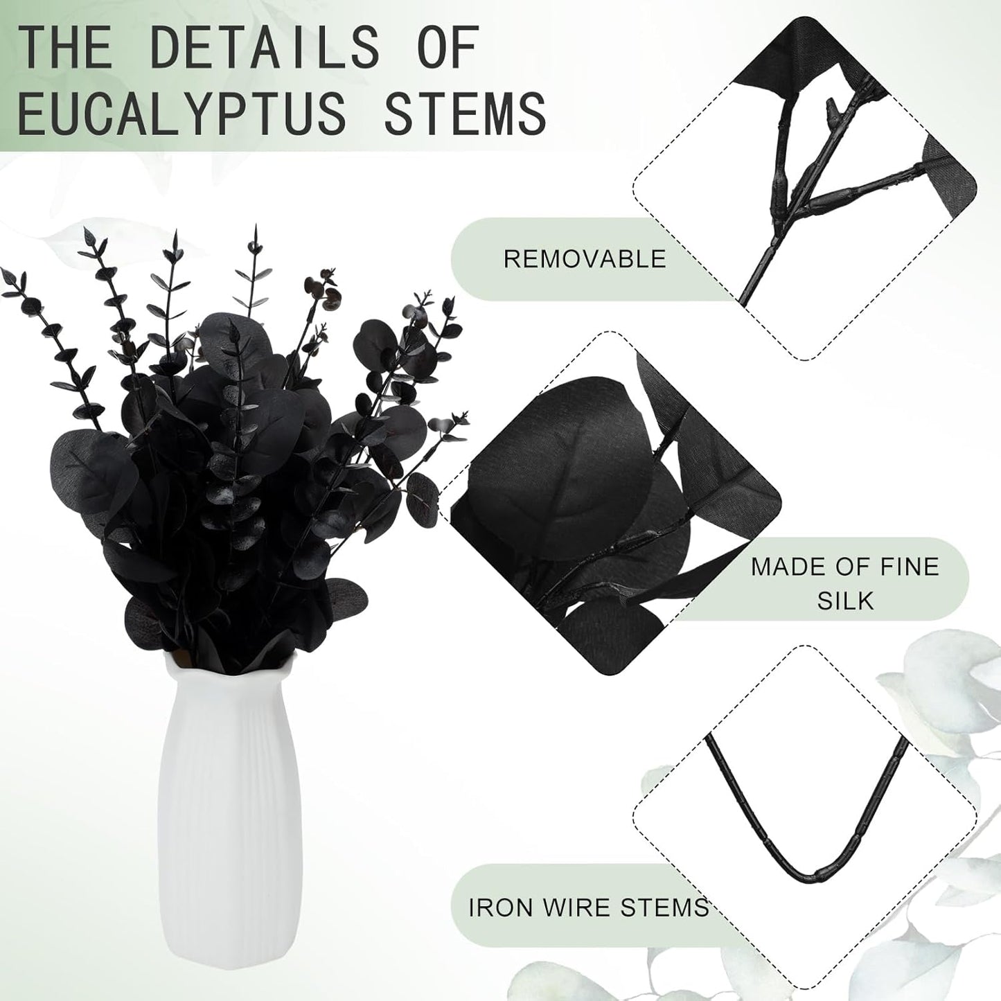 Giegxin 180 Pcs 3 Kinds Mixed Eucalyptus Leaves Stems Bulk Artificial Silver Dollar Leaves Picks Dried Eucalyptus Bundle Faux Spray for Wedding Vase Bouquet Floral Arrangement (Black)