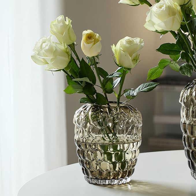 Grape Bubble Glass Vase for Flowers, Round Vintage and Clear Black Colored Smoke Glass Vases for Modern Home Decor (Crystal Grey 6" W X 6.7" H)