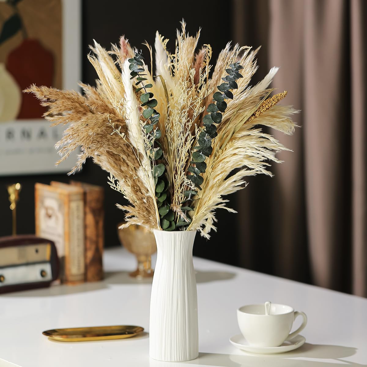 Dried Flowers Bouquet,Pampas Grass for Boho Decor,Rustic Farmhouse Flower for Bohemian Home,Bedroom,Living Room,Wedding Table Centerpieces(Bouquet A)