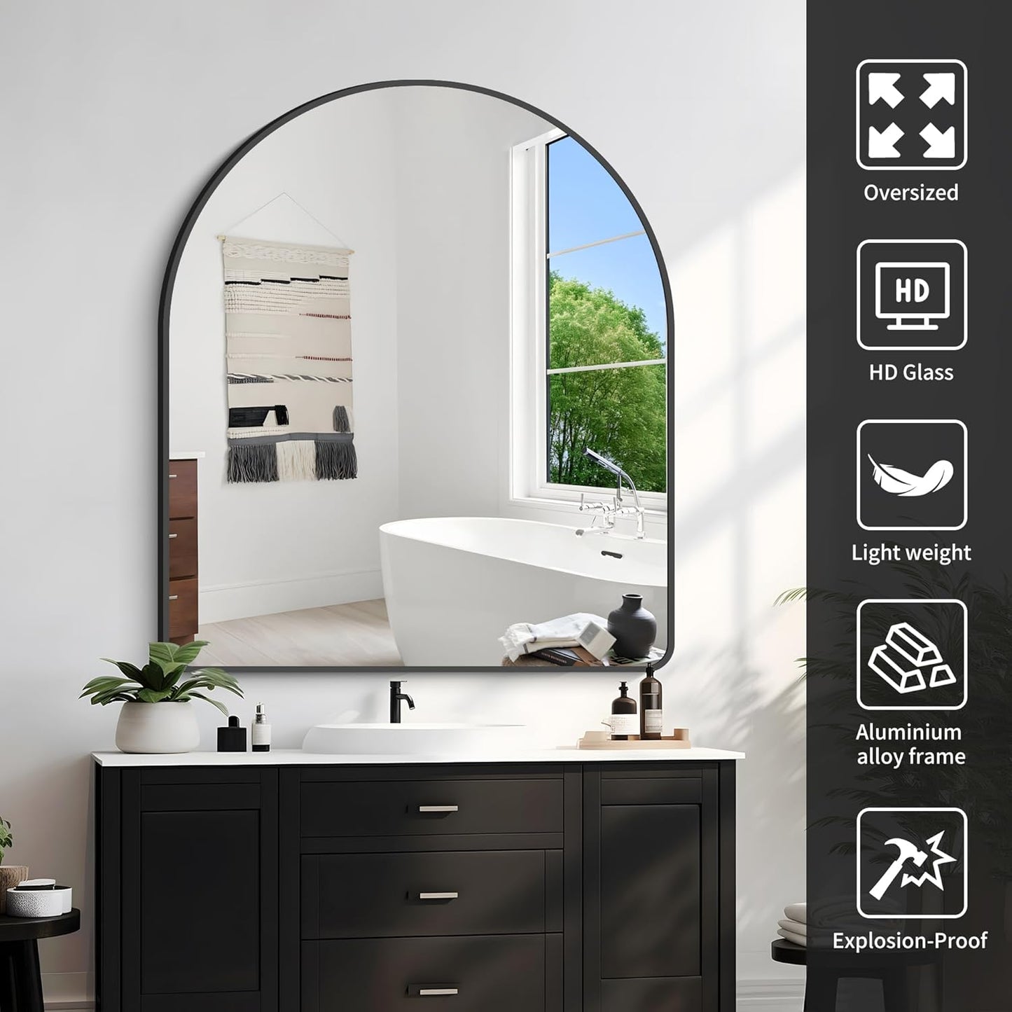 FORBATH Arched Mirror 36x40 Inch, Black Arched Mirror Wall Mounted Modern Black Aluminum Frame Decor Large for Dresser Bedroom Living Room Entryway, Hanging or Leaning Against Wall