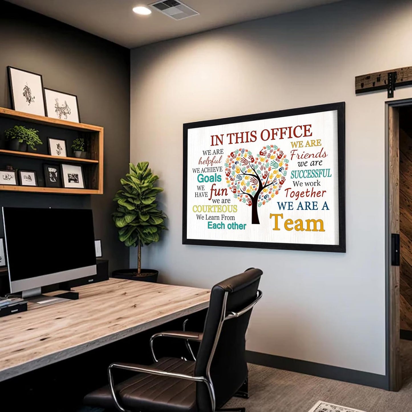 In This Office We Are A Team Wall Decor 24x18 Inch Frame Office Inspirational Wall Art, Motivational Teamwork Wooden Hanging Sign