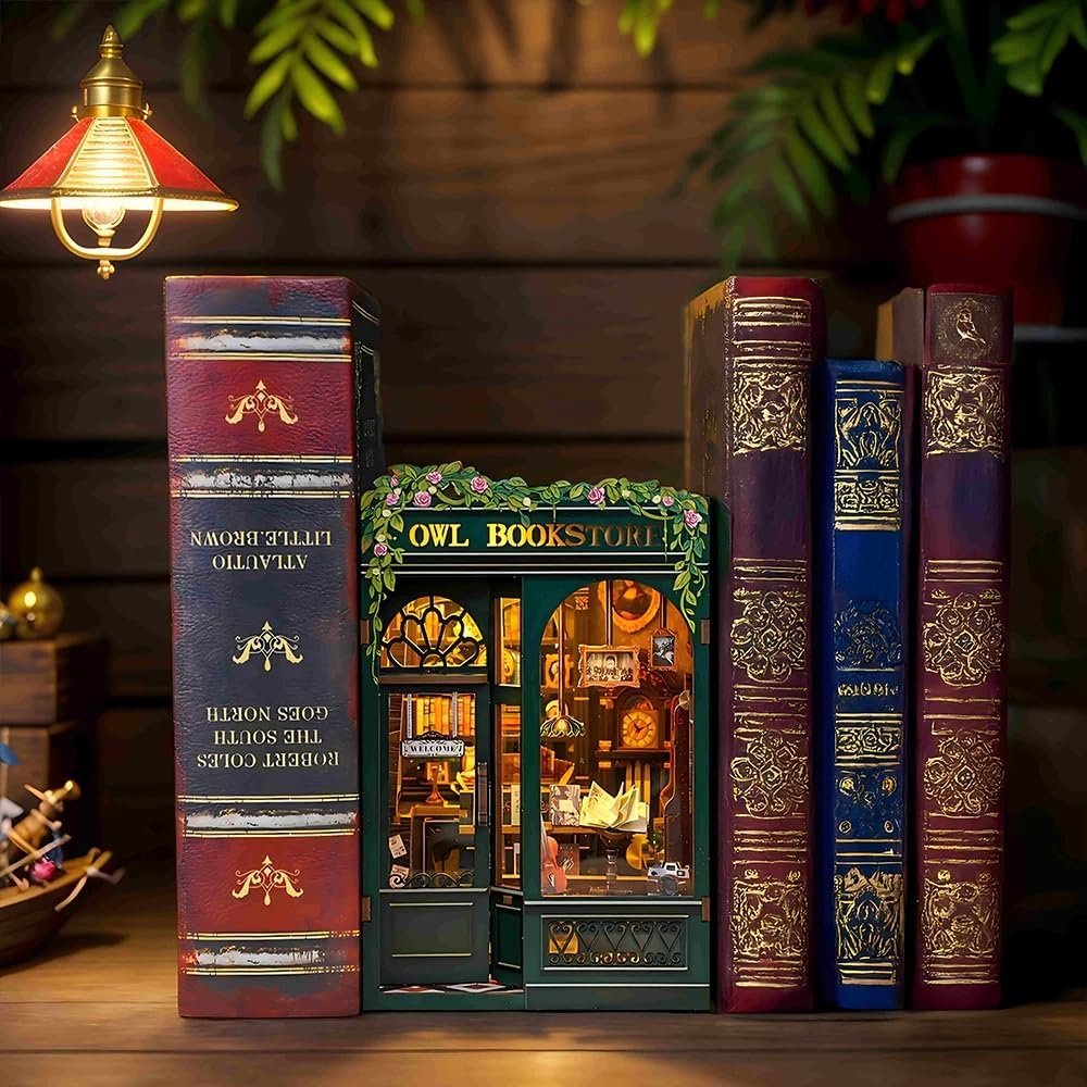 Cutefun Book Nook Kit - DIY Miniature House Kit for Bookshelf Decor, Book Nook Kits for Adults & Beginners, 3D Wooden Puzzle Dollhouse, Ideal Gift for Family and Friends (OWL Bookstore)