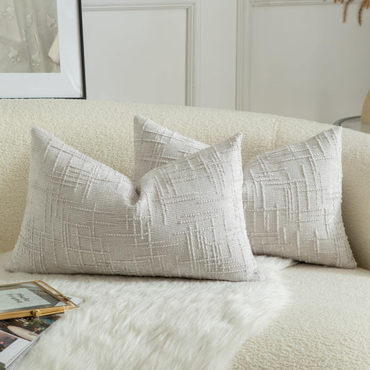 MANDIOO Pack of 2 Soft Chenille Textured Throw Pillow Covers Lumbar Accent Solid Decorative Cushion Cover Cozy Farmhouse Pillow Case for Couch Sofa Bed Living Room 16x24 Inch Pearl Gray