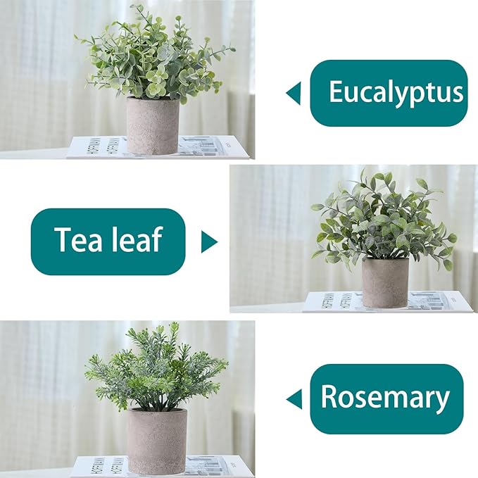 3 Pack Fake Potted Plants Small Artificial Plastic Eucalyptus Topiaries Lifelike Faux Plants for Home Office Coffee Room Desk Decor