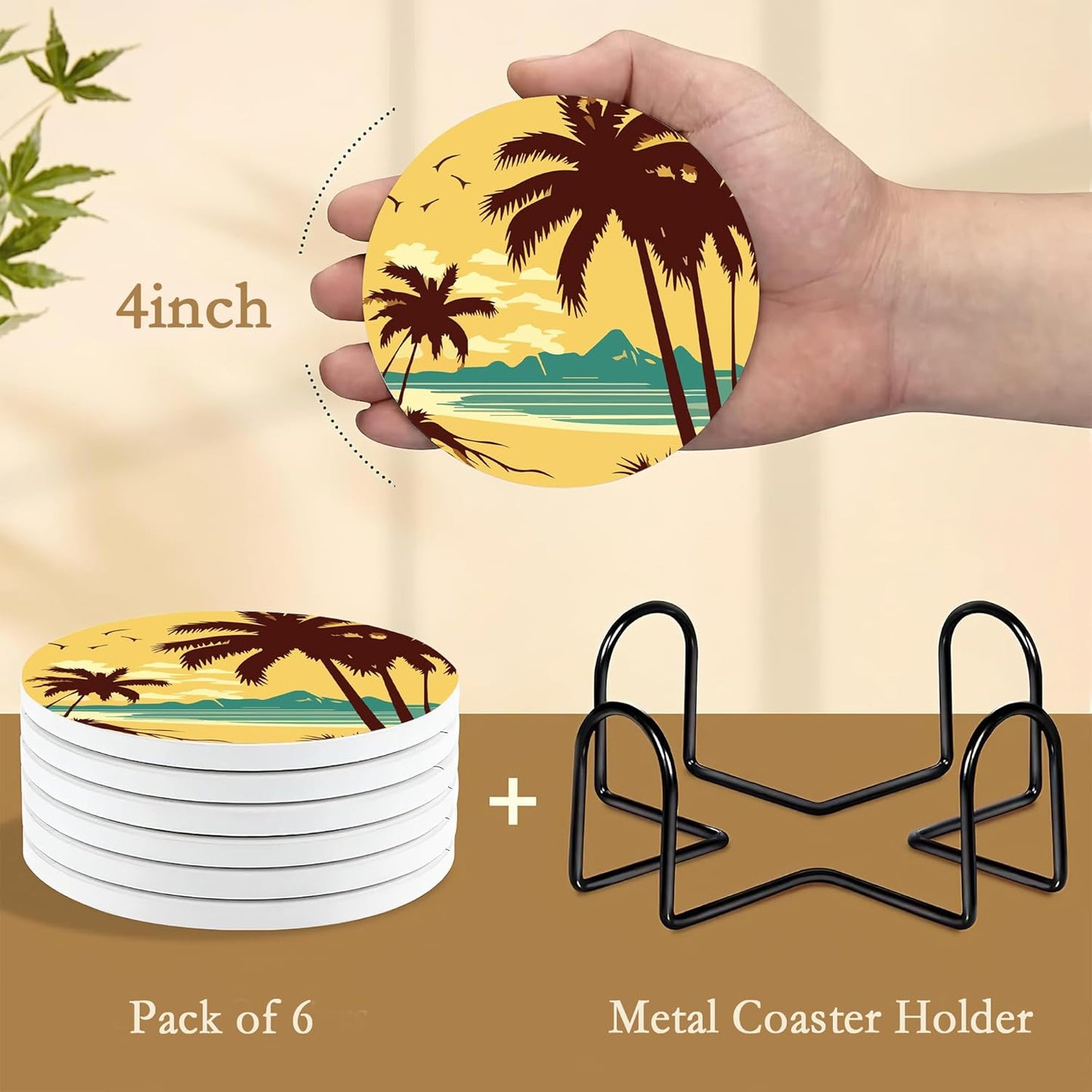 Drink Coasters with Holder,6 Pcs Palm Trees Beach Sunset Absorbent Ceramic Drink Pads, Non-Slip Table Protectors for Coffee & Glasses