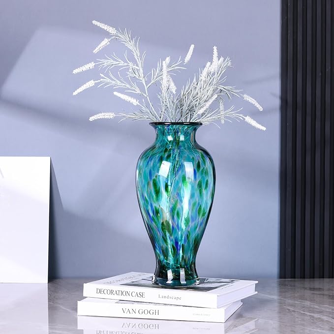 11.8" Tall Blown Teal Glass Vase, Green Opaque Glass Vase, Unique Design Turquoise Wide Mouth Art Decoration for Home, Living Room, Dining Table, Pampas Grass Decor (Greener)