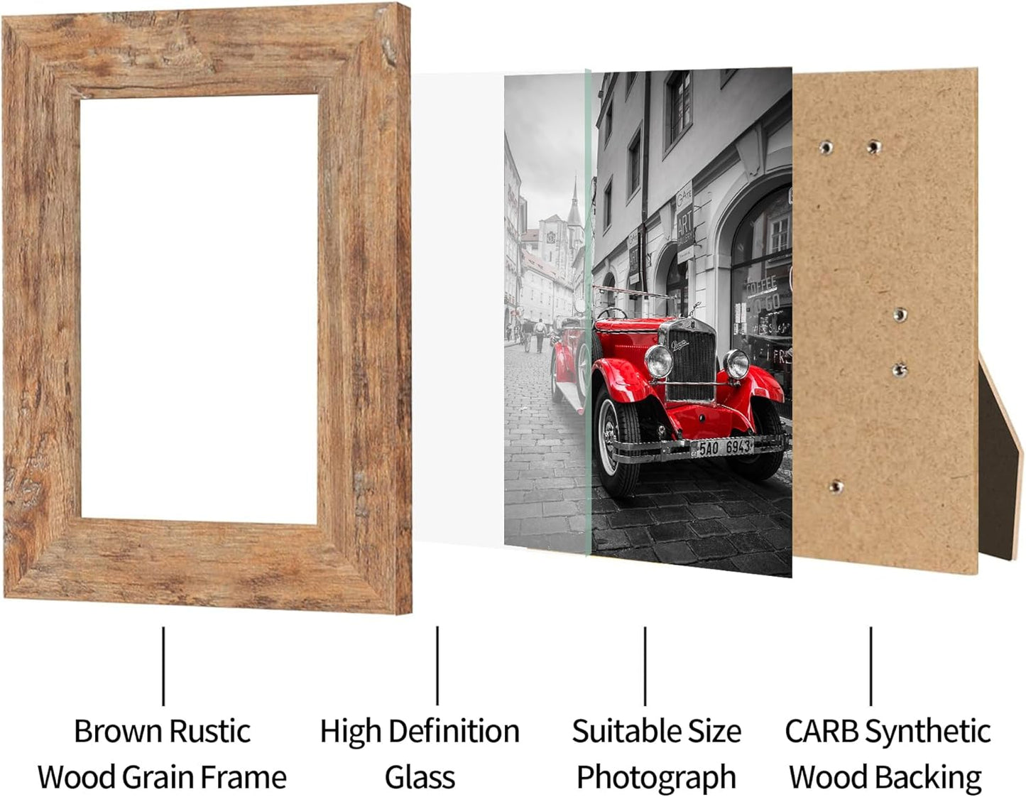 iRahmen 5x7 Picture Frame Set of 4, High Definition Real Glass 5 x 7 Photo Frames for Desktop Display and Wall Mounting(Distressed White+Oak+Rustic Brown+Black)