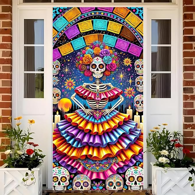 2D flat Colorful Sugar Skull Day of the Dead Door Decorations Día de los Muertos Door Cover Banner Indoor Outdoor Front Door 71x35 Inch