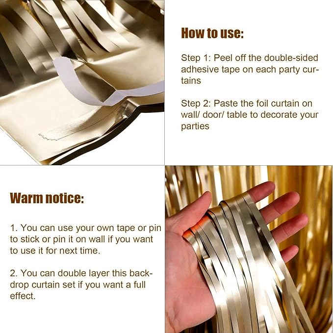 4 Pack Champagne Gold Foil Fringe Curtain Backdrop, 3.3Ft x 9.8Ft Metallic Tinsel Foil Streamers Curtains for Photo Booth, Wedding, Thanksgiving, Birthday, Christmas, Halloween Party Decoration