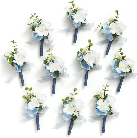 Ling's Moment Boutonniere for Men, 10pcs Groomsmen Guest Boutonniere, Artificial Flowers for Wedding Décor/Prom/Homecoming,etc.Blue