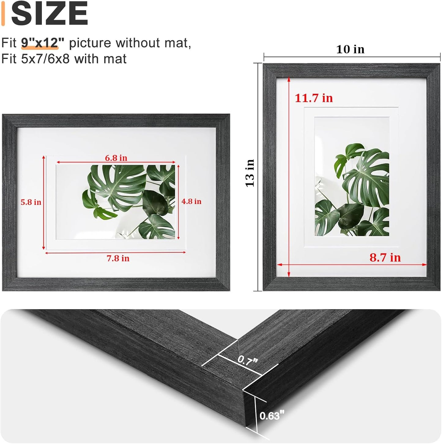 Egofine 9x12 Picture Frames Set of 4, Made of Solid Wood Covered by Plexiglass 5x7 and 6x8 with Mat or 9x12 without Mat, for Table Top Display and Wall Mounting Photo Frame Rustic Black