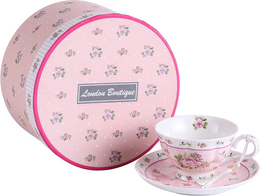 London Boutique Tea Cups and Saucers Set Afternoon Tea Set Vintage Flora Rose Lavender Porcelain Gift Box (Rose Pink 1pc Set)