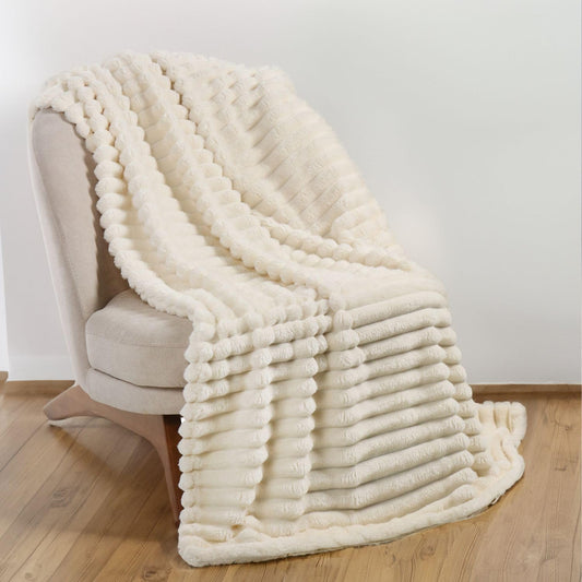Daniks Fleece Throw Blanket for Bed and Sofa, 60x80, 330 GSM – 3D Ribbed Jacquard, Plush and Lightweight, Beige
