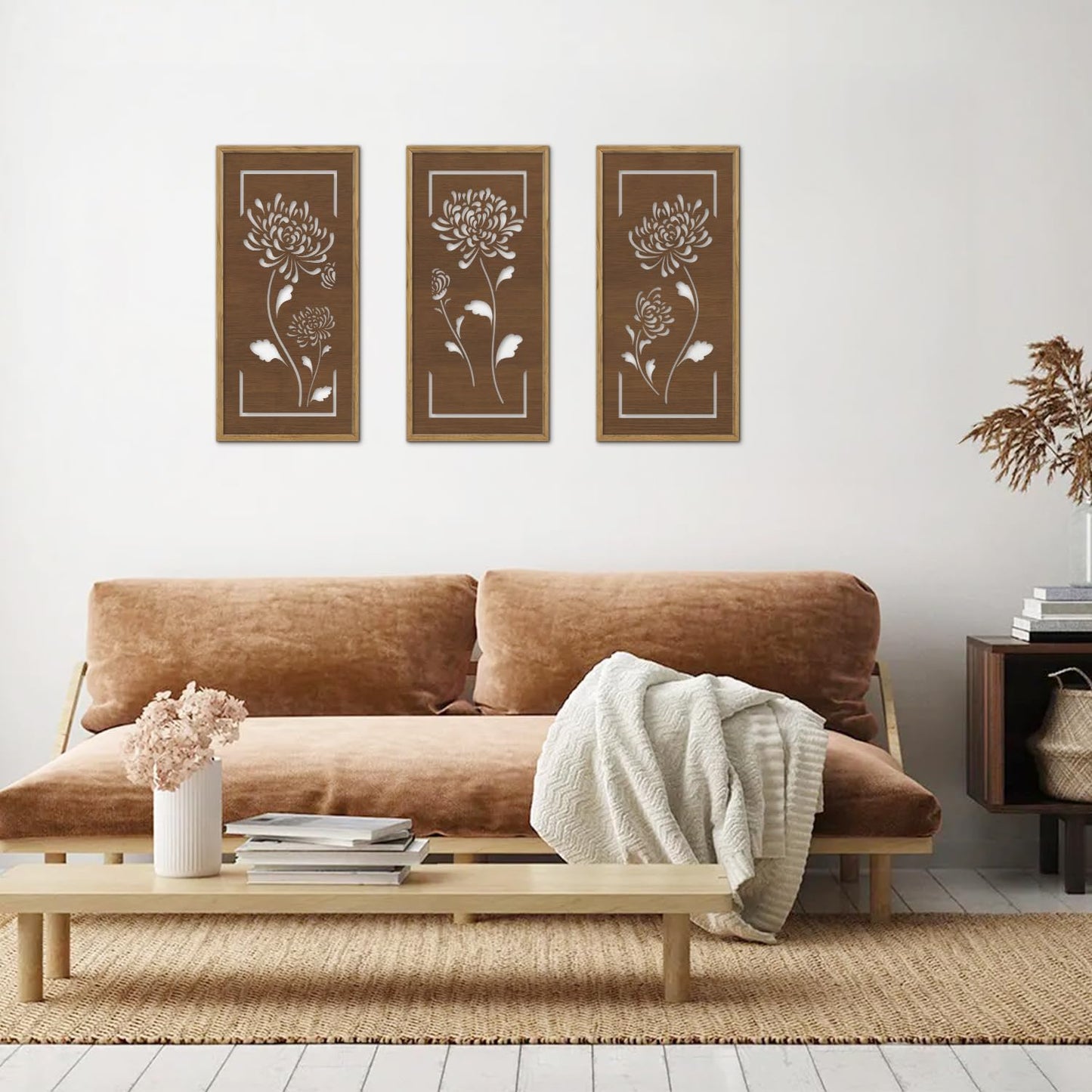 KAIRNE Floral Wooden Wall Art,Hollowed-Out Flower Farmhouse Decor Set of 3(16X8),Brown Vintage Wood Hanging Decor,Ready to Hang Framed Wall Decor,Retro Design for Living Room Bedroom Office Decor