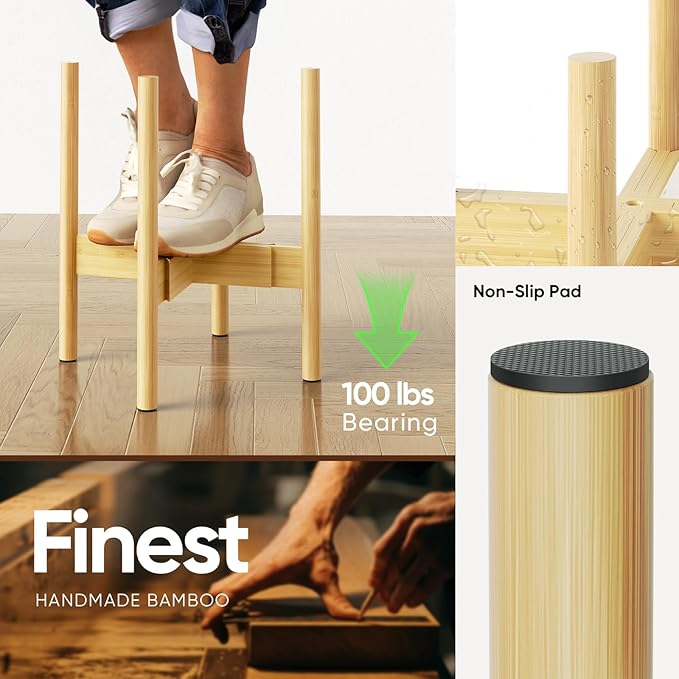 MUDEELA 14.5 Inch Tall Plant Stand for Indoor, Adjustable Width Bamboo Plant Stand for 8 9 10 11 12 Inches Pot, Single Tier Planter Holder Floor Stand, Mid Century Modern Style, Natural, Without Pot