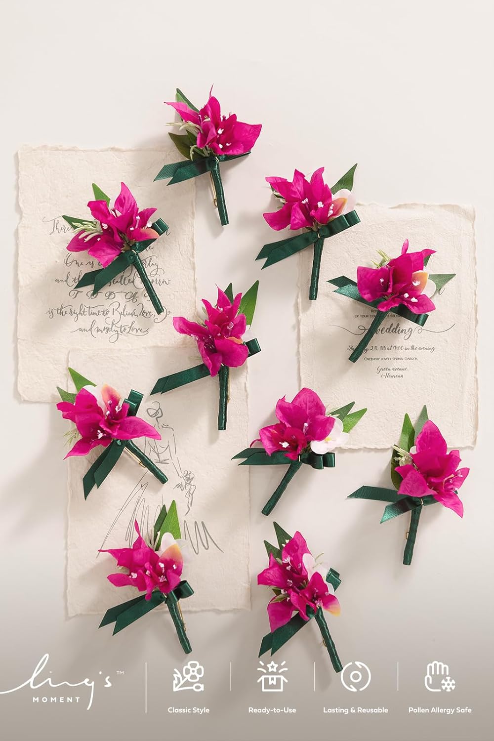 Ling's Moment Boutonniere for Men, 10pcs Groomsmen Guest Boutonniere, Artificial Flowers for Wedding Décor/Prom/Homecoming,etc.Hot Pink magenta Blush