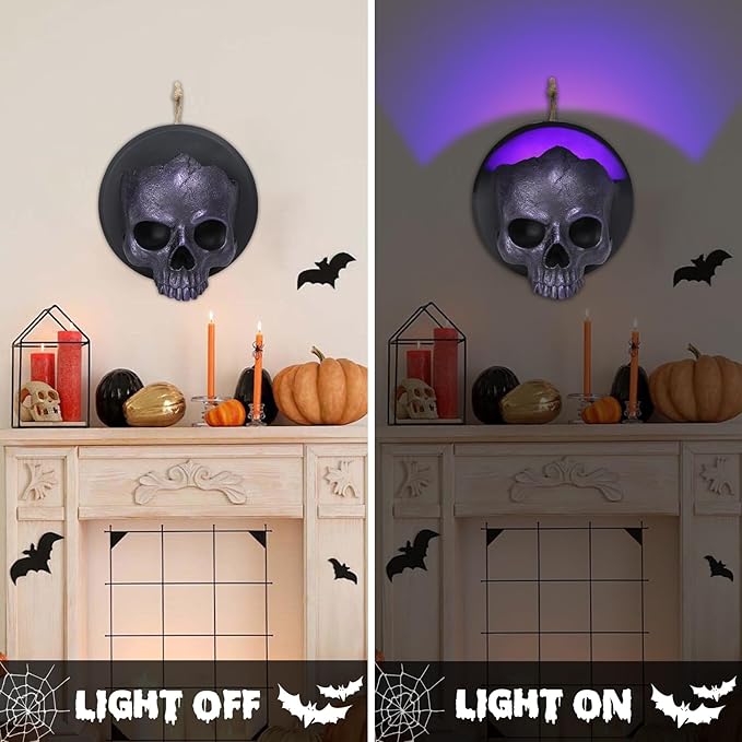 WONDER GARDEN 7.68 inch Halloween Skull Hanging Wall Decorations Light up Resin Purple Gothic Skeleton Halloween Creepy Sculptures for Indoor Outdoor Office Horror Home Wall Decor