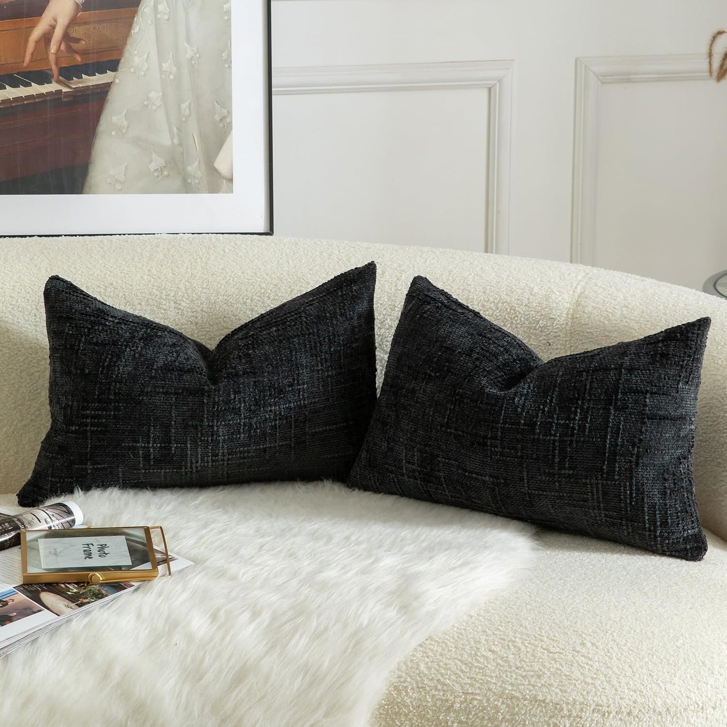 MANDIOO Pack of 2 Soft Chenille Textured Throw Pillow Covers Lumbar Accent Solid Decorative Cushion Cover Cozy Farmhouse Pillow Case for Couch Sofa Bed Living Room 12x20 Inch Black