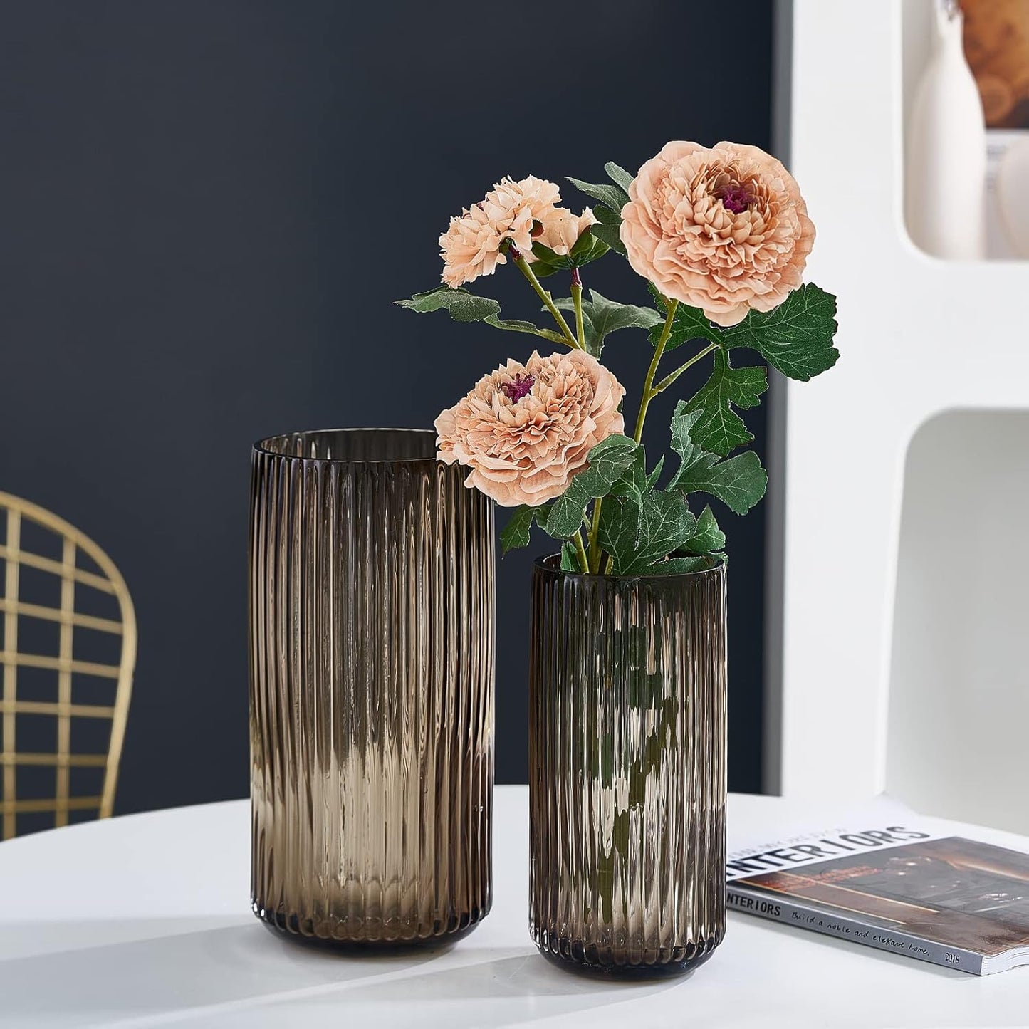 Flower Vase 7.5 inch Amber Thickened Hand Blow Glass Vase Round Vintage Striped Bottles for Bookshelf,Dinner Table,Indoor Office Desktop,Meeting Room,Bathroom,Countertop,Home